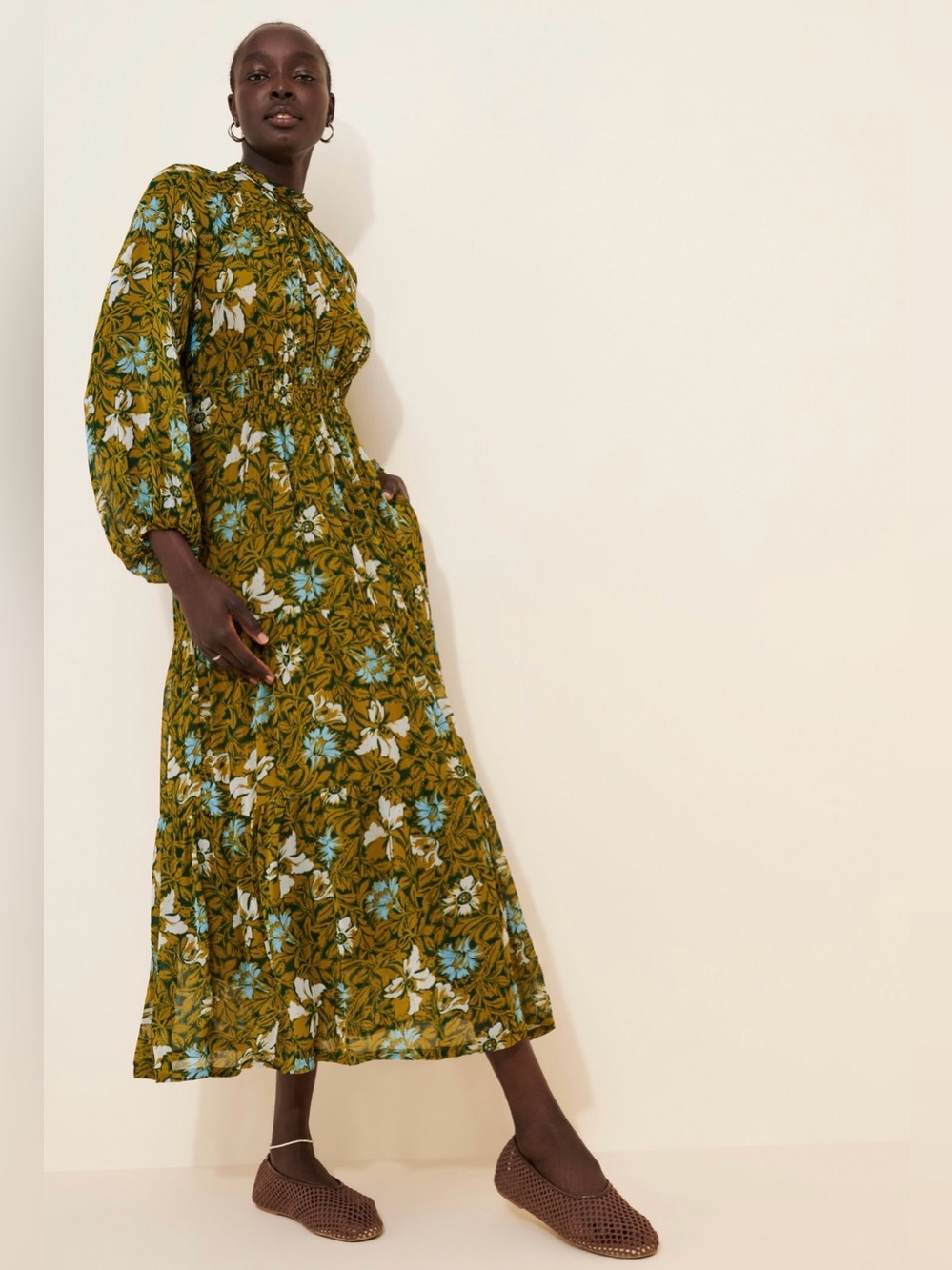 The Somerset Long-Sleeve Mock-Neck Chiffon Maxi Dress by Anthropologie, Sz M
